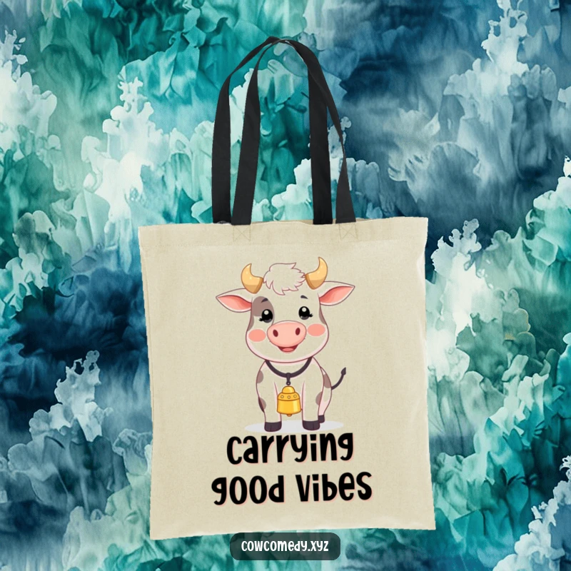 Funny tote bag with a cheerful cow wearing a bell, captured mid-song, spreading happiness and musical vibes.