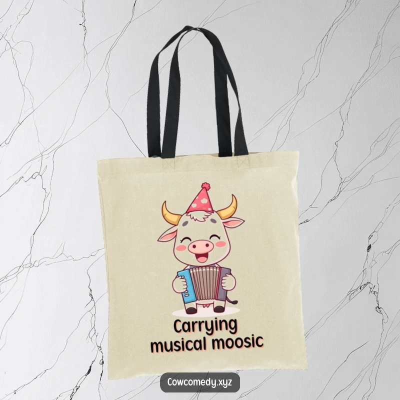 Funny tote bag with a happy cow wearing a party hat, joyfully playing a tiny accordion, perfect for music lovers.