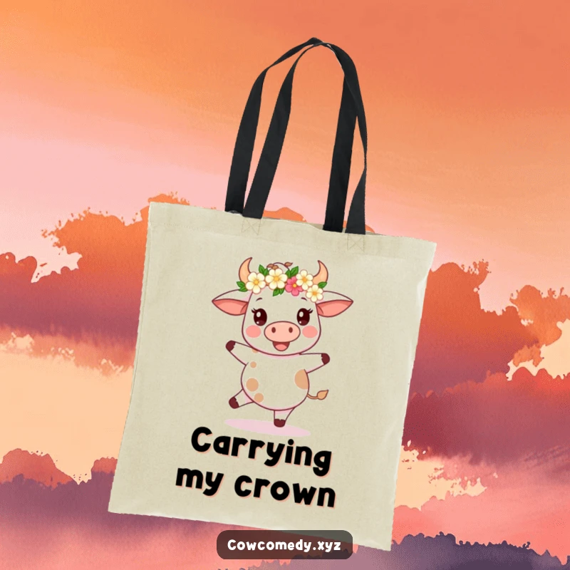Funny Kawaii Cow Tote Bag: Cute cow with a flower crown spinning happily, perfect for carrying items with festive humor.