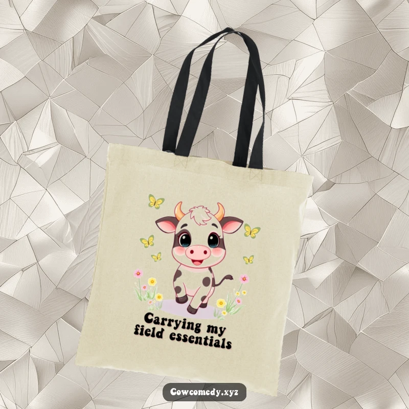 Funny tote bag showcasing a joyful cow character mid-chase after fluttering butterflies in a beautifully rendered meadow, radiating pure delight.