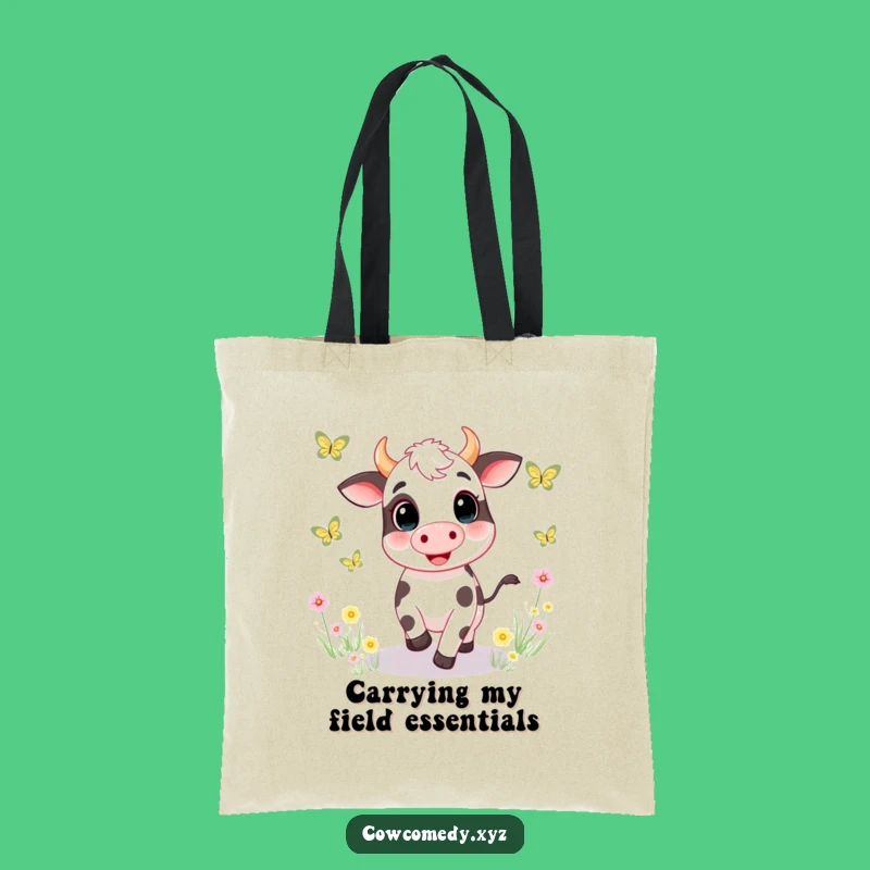 Funny Cow Chasing Butterflies Tote Bag. Whimsical Meadow Style. Perfect Shopping Funny Gift!