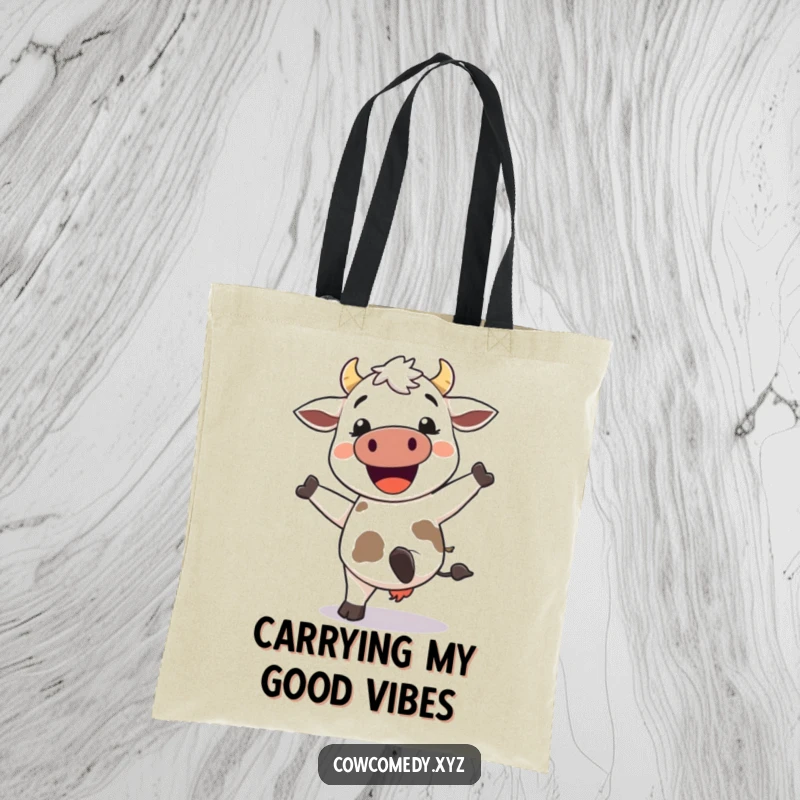 Funny Kawaii Cow Tote Bag: Cute cow with a huge grin kicking its heels up, great for carrying groceries humorously.
