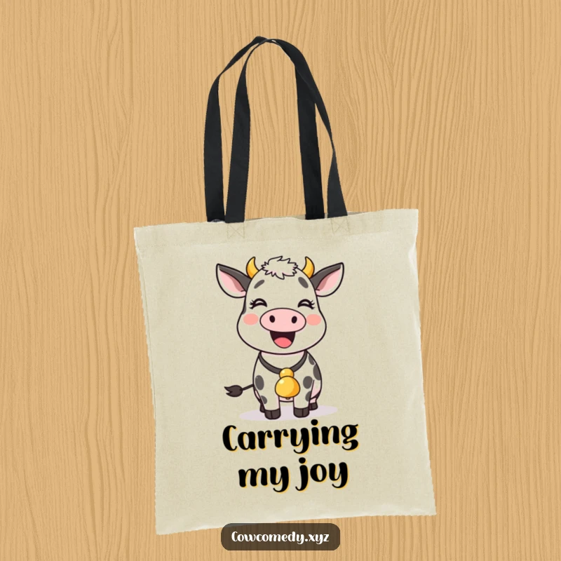 Funny cow with a bell around its neck wiggles joyfully, featured on this cheerful and functional tote bag.