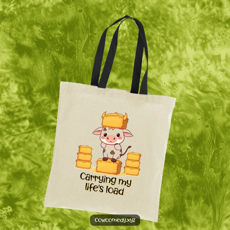 Funny Kawaii Cow Tote Bag, a determined cow balancing a large stack of hay bales, humorous and practical.