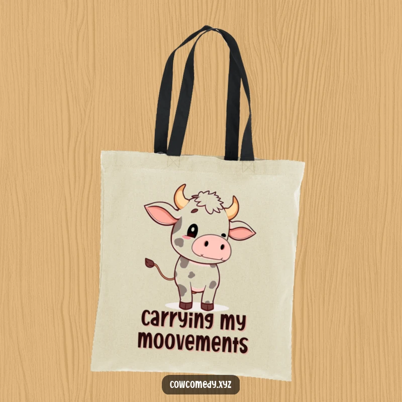 Funny tote bag showcasing a cute cow with a comically large tail wave, ideal for carrying groceries or books.