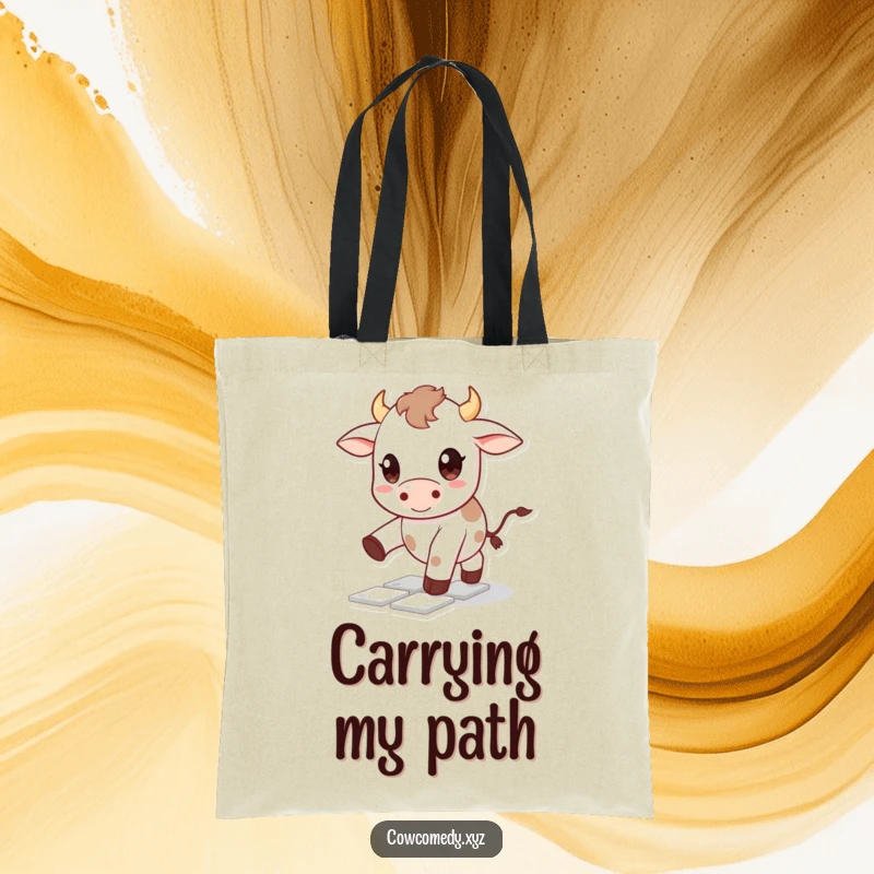 Funny Kawaii cow tote bag showcasing a cute character with big happy eyes playing hopscotch, great for humorous shoppers.