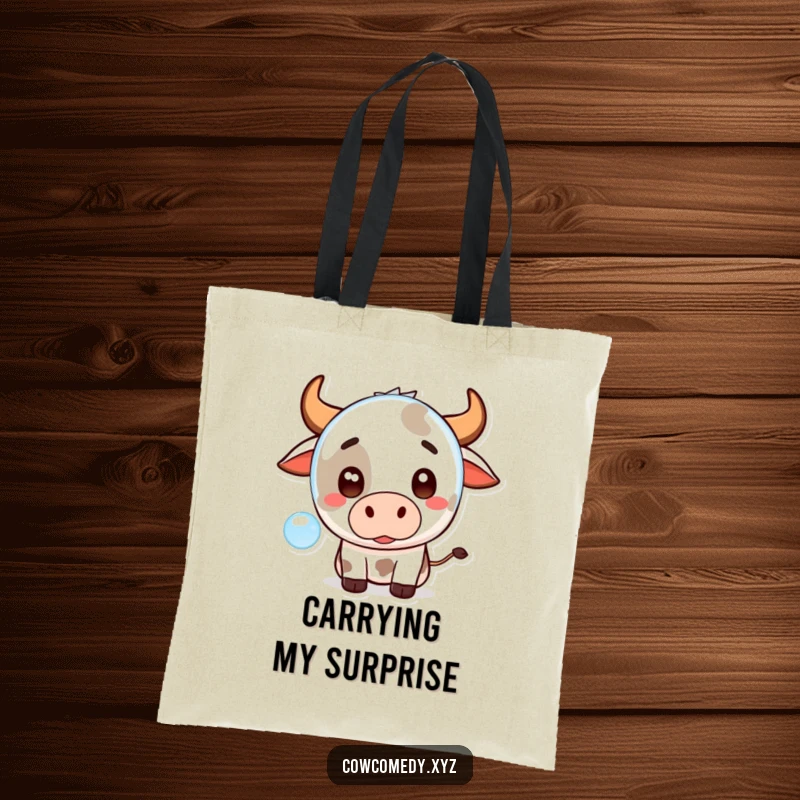 Funny Kawaii Cow Tote Bag showcasing a cute, big-eyed cartoon cow surprised by a floating bubble, ideal for shoppers.