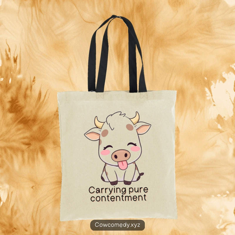 Funny tote bag with a content cow, eyes closed, happily chewing, embodying peace and simple pleasures.
