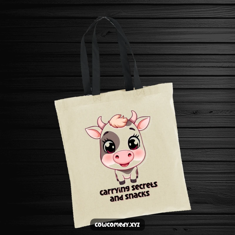 Funny tote bag showcasing a smiling cow with big, endearing eyes and a mischievous wink, great for farm enthusiasts.