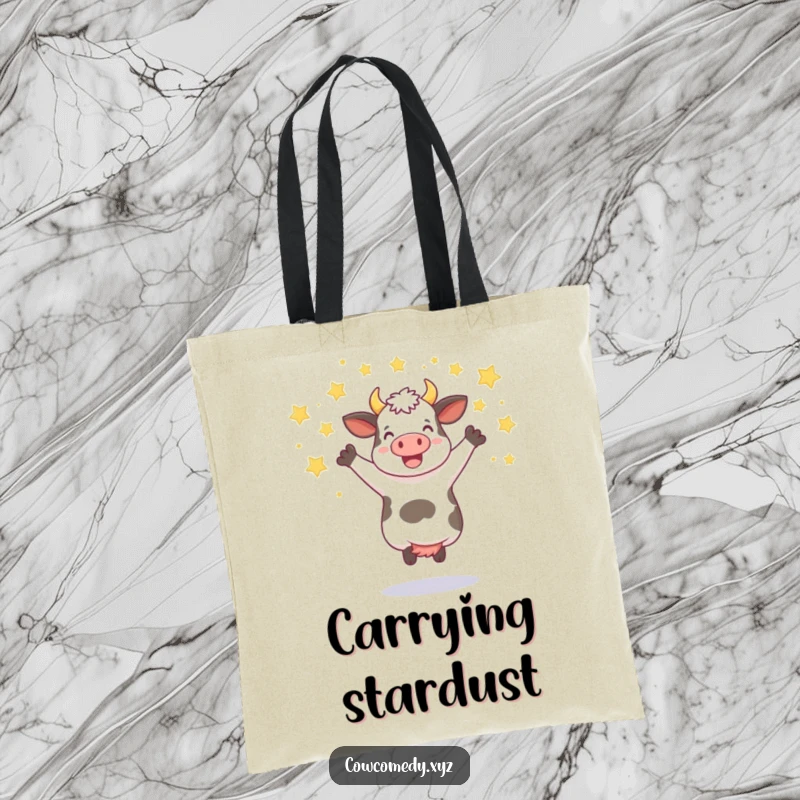 Funny tote bag showcasing a cow jumping joyfully amidst a shower of stars, perfect for everyday celebration.