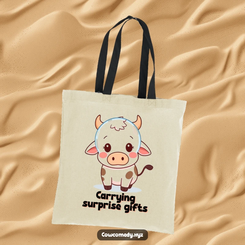 Funny Tote Bag: A Kawaii cow looks shocked by a floating bubble, carrying your items with adorable surprise.