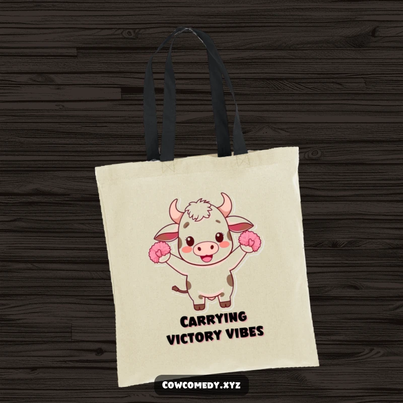 Funny Kawaii Cow Tote Bag: A cute, cheering Kawaii cow holding tiny pom-poms, perfect for shopping or everyday use, a delightful funny gift.