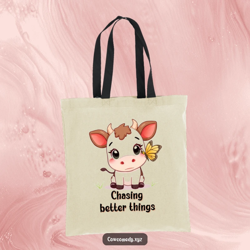 Funny Kawaii cow with wide eyes, reaching for a butterfly, on a sturdy tote bag, great for outings.