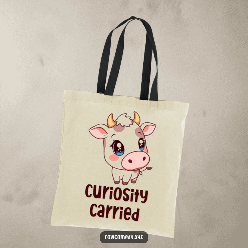 Funny Kawaii Cow Tote Bag: Cute cow with big sparkly eyes tilting head sideways, perfect for carrying items with humor.
