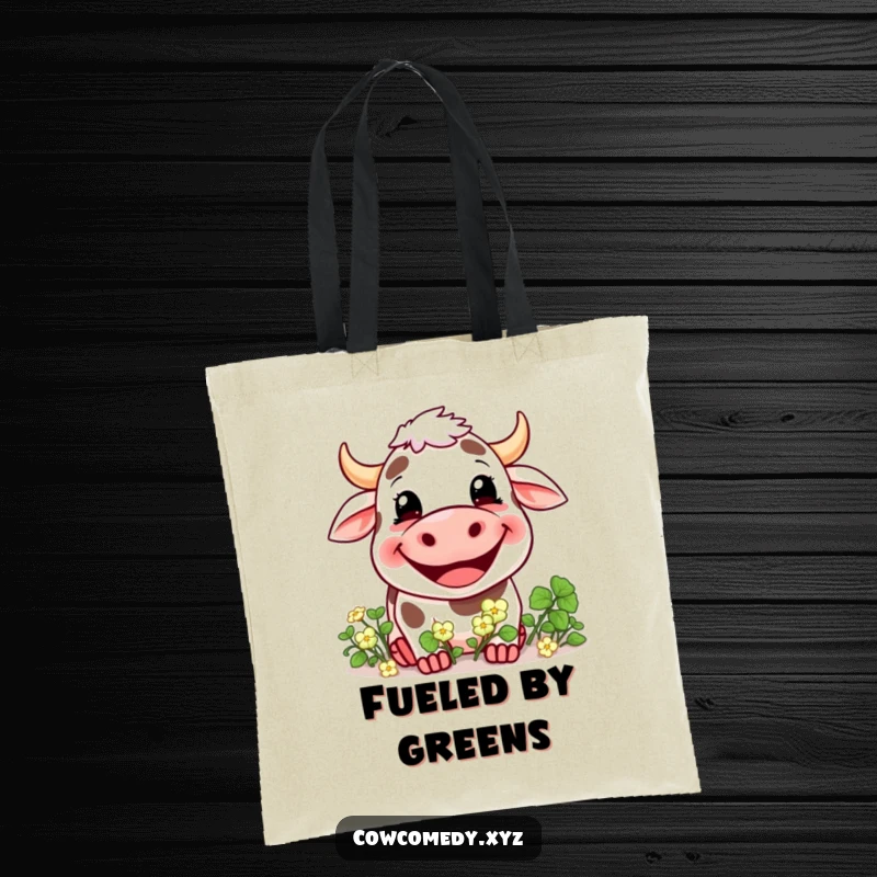 Funny tote bag featuring a cow with a huge, happy grin eating a bunch of clover, perfect for cheerful errands.