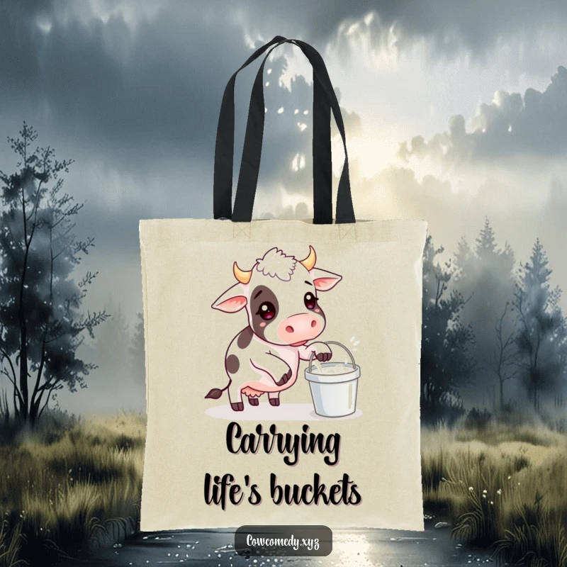 Funny tote bag featuring a cow comically attempting to balance a sloshing milk bucket, perfect for a humorous shopper.