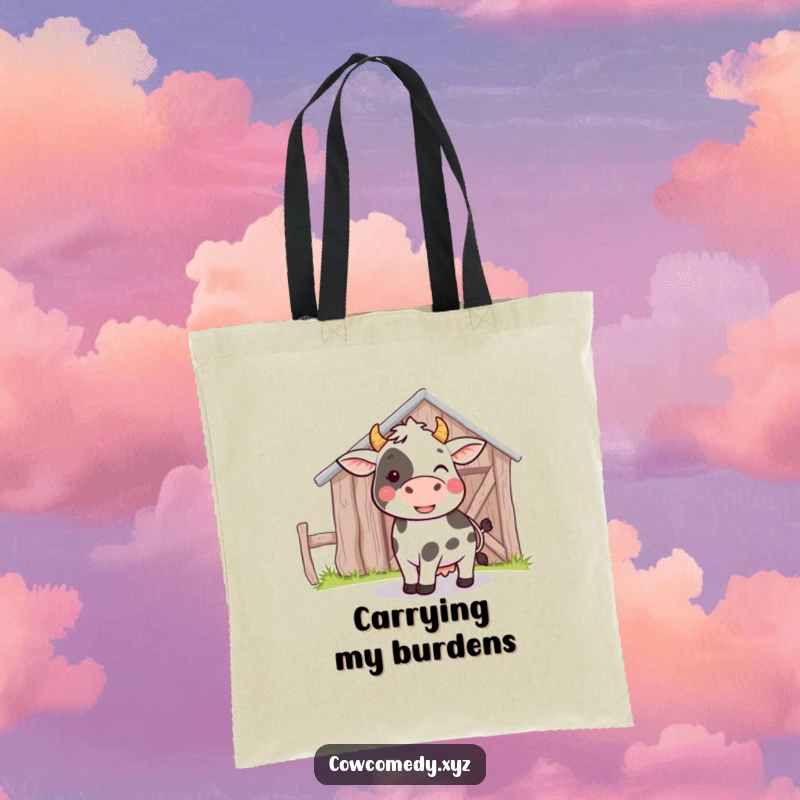 Funny tote bag featuring a cow playfully bumping its head against a barn, perfect for cheerful shopping trips.
