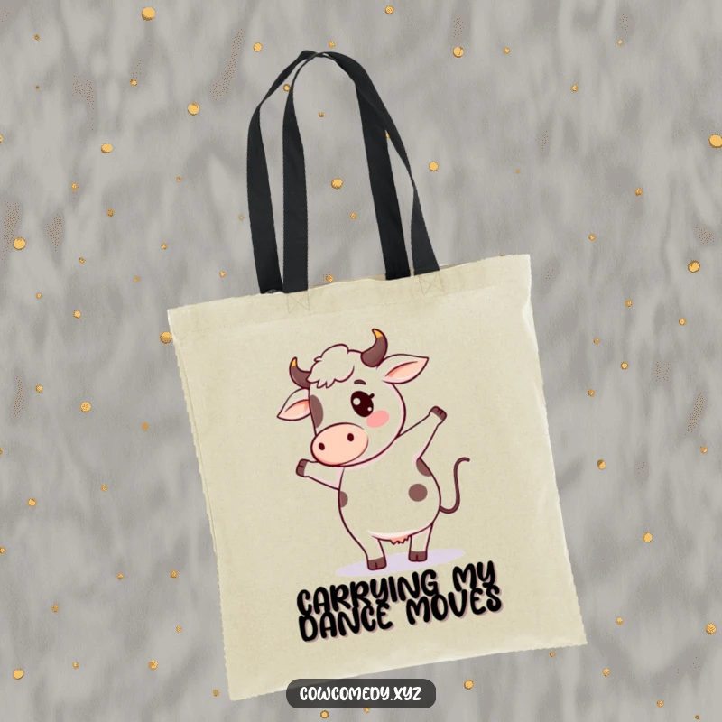 Funny cow dance tote bag designed with a cute kawaii cow character performing a comical silly dance, perfect for stylish and humorous carrying.