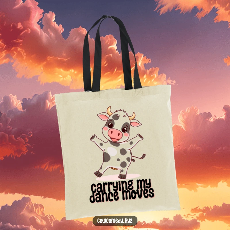 Funny tote bag with a happy cow doing a silly dance, its spots bouncing rhythmically, perfect for carrying items with flair.