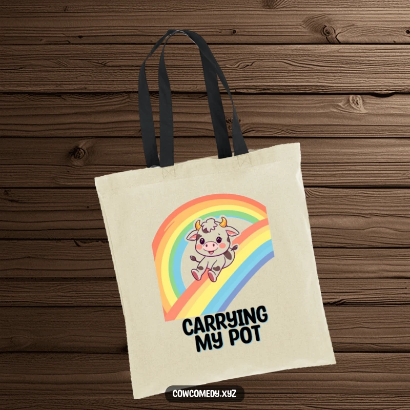 Funny cow tote bag, a happy cow sliding down a rainbow with a smile, a cheerful and humorous accessory.