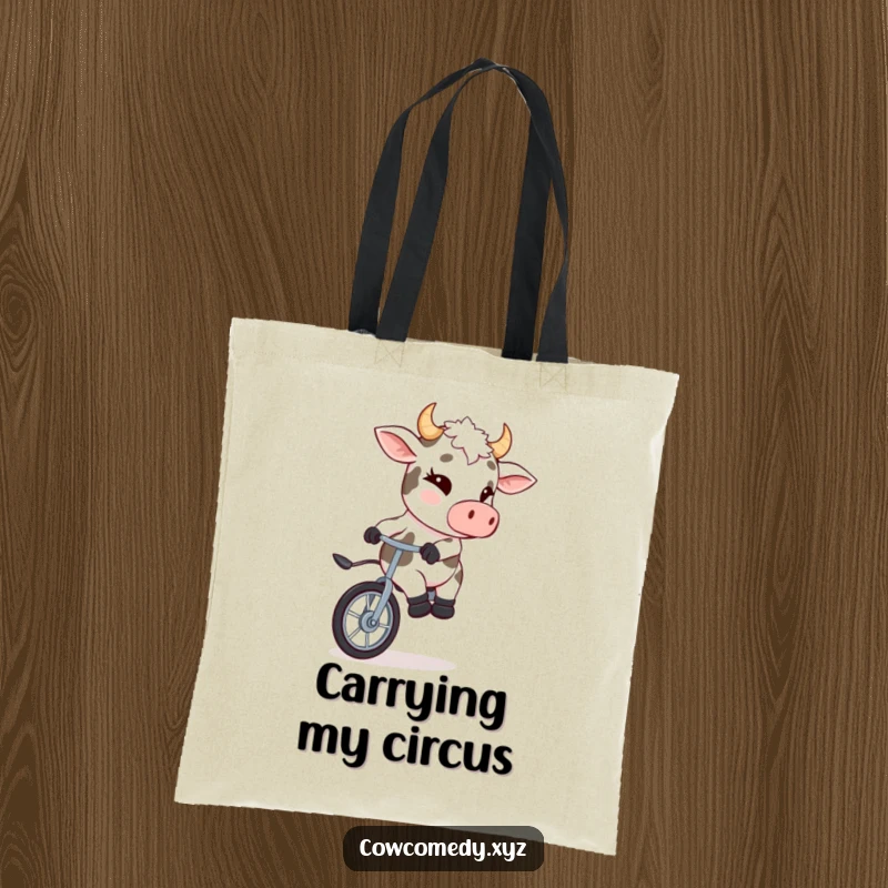 Funny tote bag with a winking cow riding a unicycle, designed for carrying groceries with humor.
