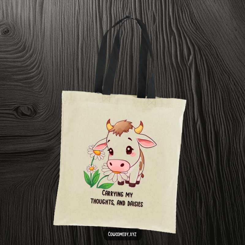 Funny tote bag featuring a curious cow intently sniffing a vibrant, oversized daisy, a charming accessory.