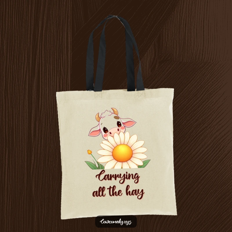 Funny tote bag featuring a curious cow peeking over a big, smiling daisy; perfect for everyday humor and farm charm.