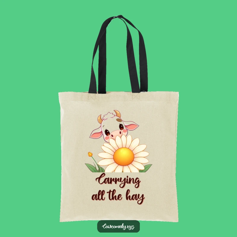Funny Daisy Cow Tote Bag: Curious Cow Peeking Over Smiling Flower, Stylish & Humorous Carryall