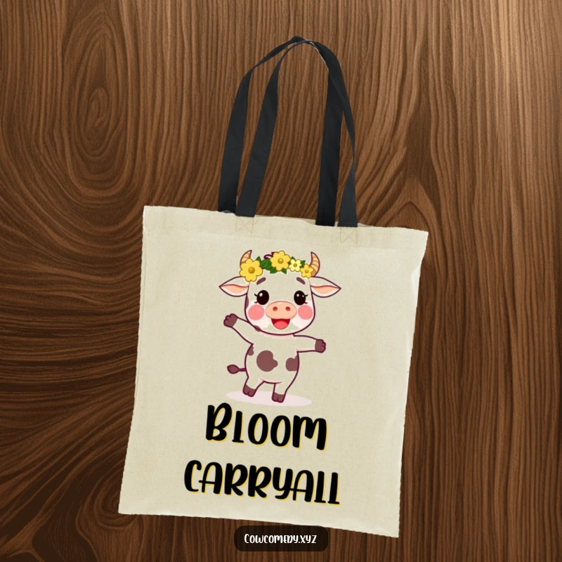 Funny tote bag showcasing a festive cow wearing a flower crown, dancing energetically with a smile.