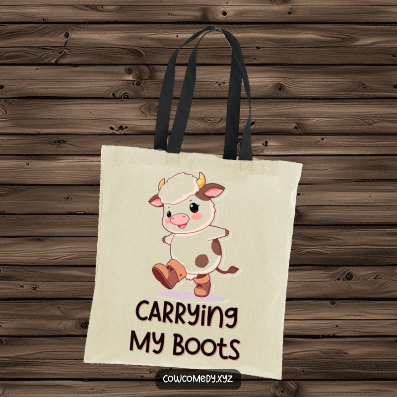 Funny Fluffy Cow Tote Bag: A fluffy cow with oversized boots, captured mid-kick with a happy expression.
