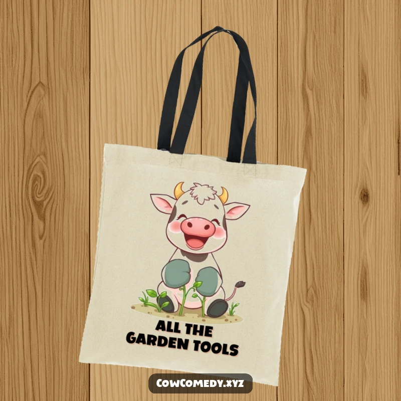 Funny tote bag depicting a giggling cow with oversized gardening gloves tending a tiny sprout, perfect for garden lovers.