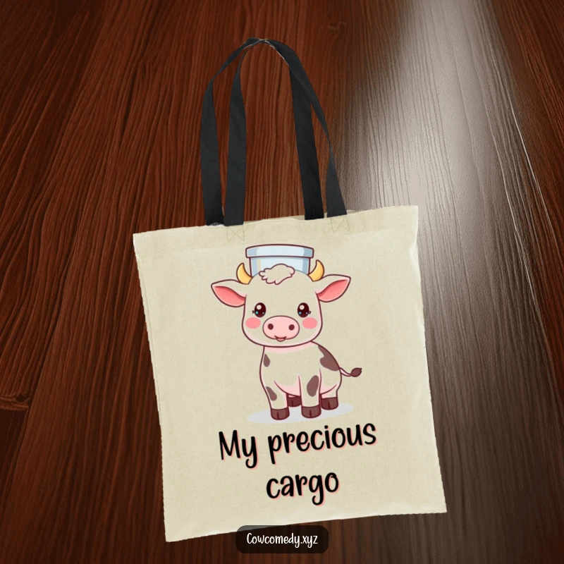 Funny tote bag with a Kawaii cow demonstrating perfect balance, holding a milk pail steadily on its head.