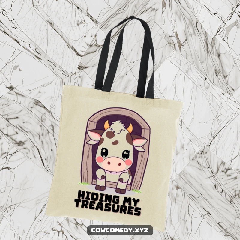 Funny Tote Bag: A Kawaii cow peeks playfully from behind a barn door, carrying your items with cute charm.