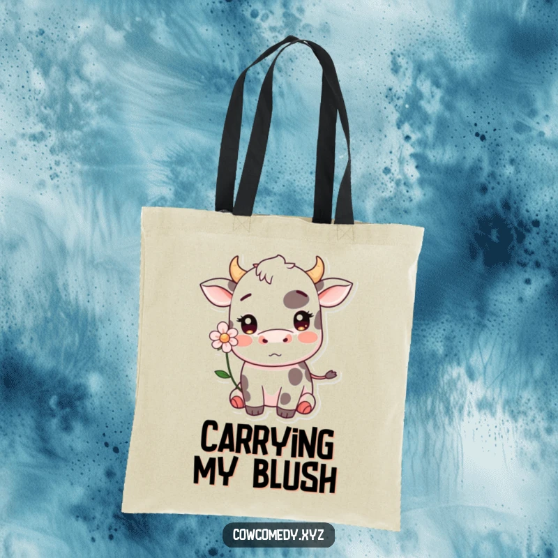 Funny Kawaii cow blushing with a flower behind its ear tote bag, perfect for carrying essentials with sweet humor.