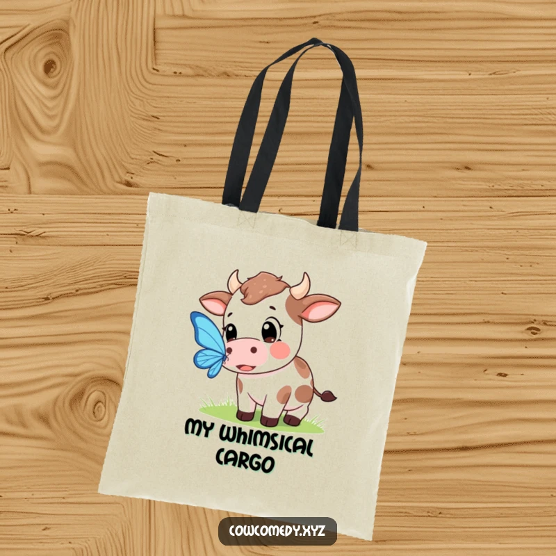 Funny tote bag with a Kawaii cow sporting wide, hopeful eyes, trying to catch a delicate butterfly in a serene setting.