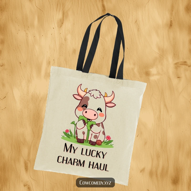 Funny Tote Bag: A Kawaii cow happily munches on a giant clover, carrying your essentials with good luck.