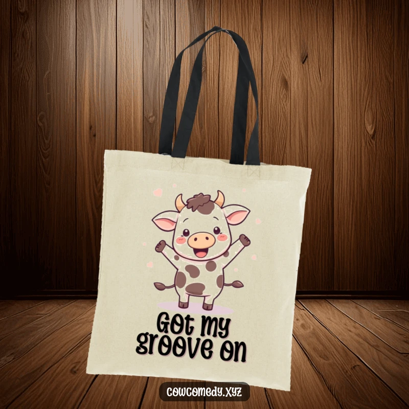 Funny Kawaii cow dancing energetically, with spots flying, on a sturdy tote bag, great for shoppers.