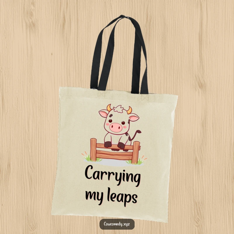 Funny Kawaii cow jumping over a fence tote bag, perfect for carrying essentials with energetic humor.