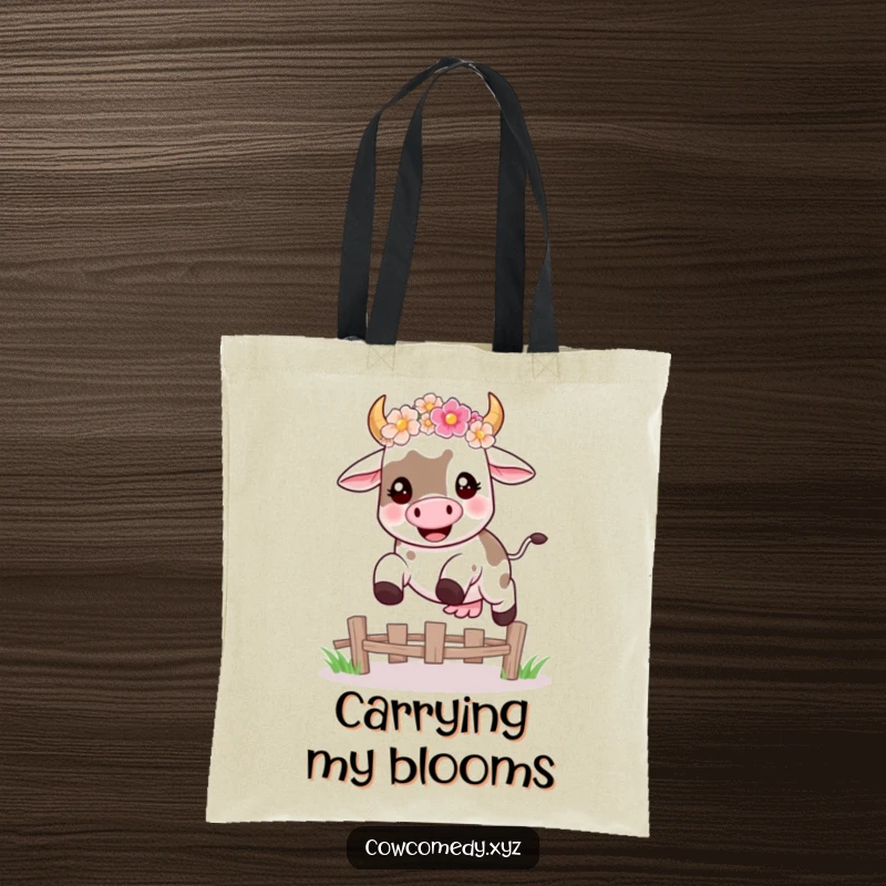 Funny tote bag featuring a happy kawaii cow wearing a flower crown, mid-leap over a fence, perfect for humorous, practical use.