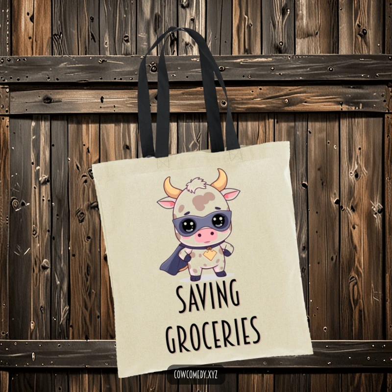 Funny kawaii cow superhero tote bag with a cute bovine character in a cape, ready for any mission with a cheerful attitude.