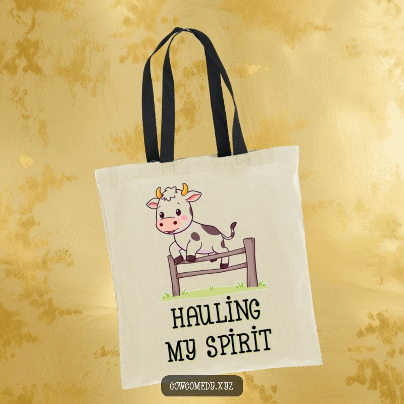 Funny Kawaii cow tote bag showcasing a cute character's joyful leap over a tiny fence, great for humorous shoppers.