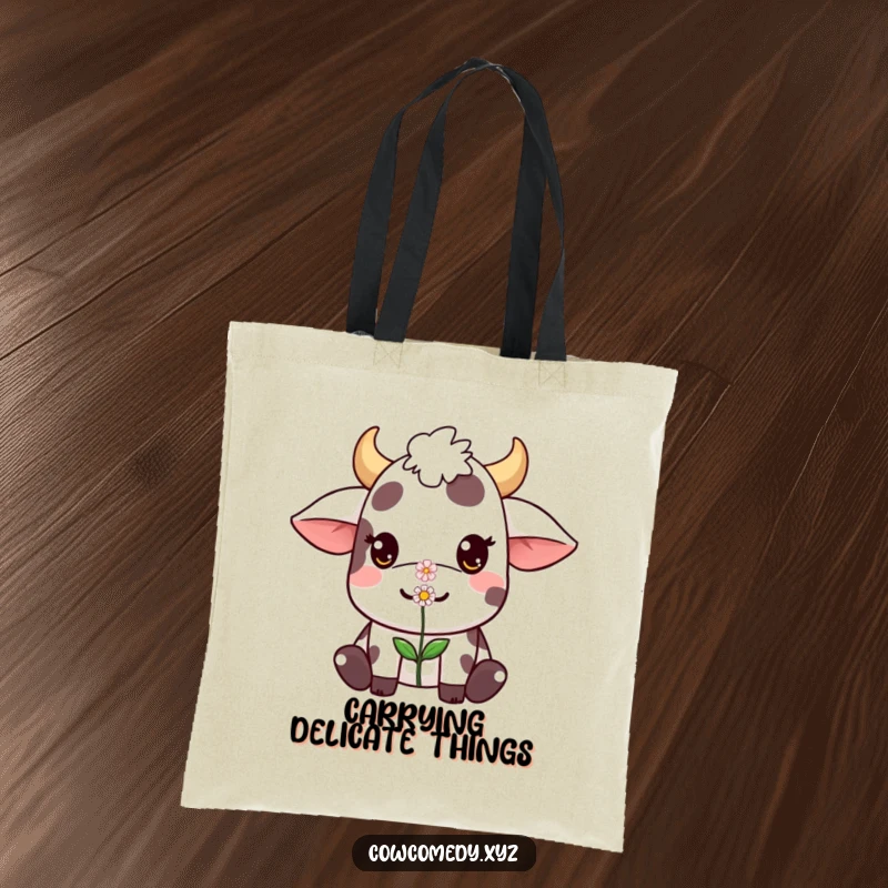 Funny Kawaii cow tote bag showcasing a cute character balancing a small flower on its nose, great for humorous shoppers.