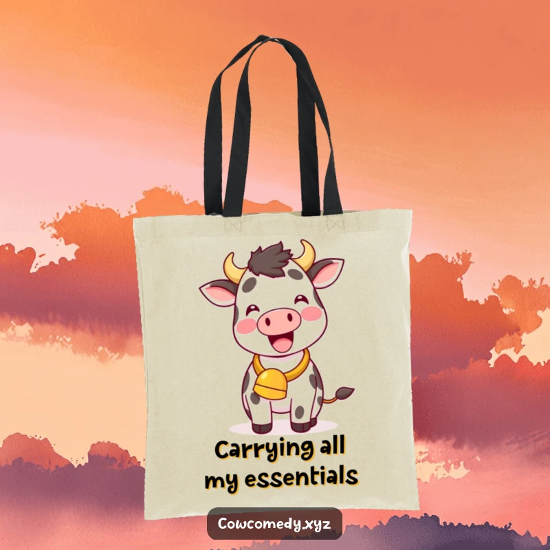 Funny Kawaii Cow Tote Bag, a happy cow ringing a cowbell, perfect for carrying daily items with humor.