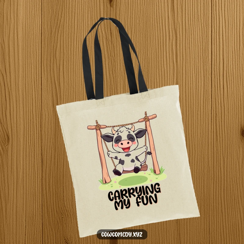Funny Kawaii cow tote bag showcasing a cute character's enthusiastic swing on a rope swing, a humorous and practical accessory.