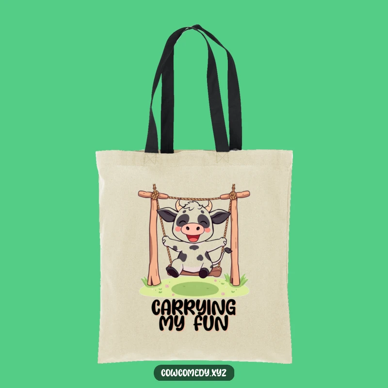 Funny Kawaii Cow Tote Bag: Rope Swing Thrills - Cute & Humorous Carry-All