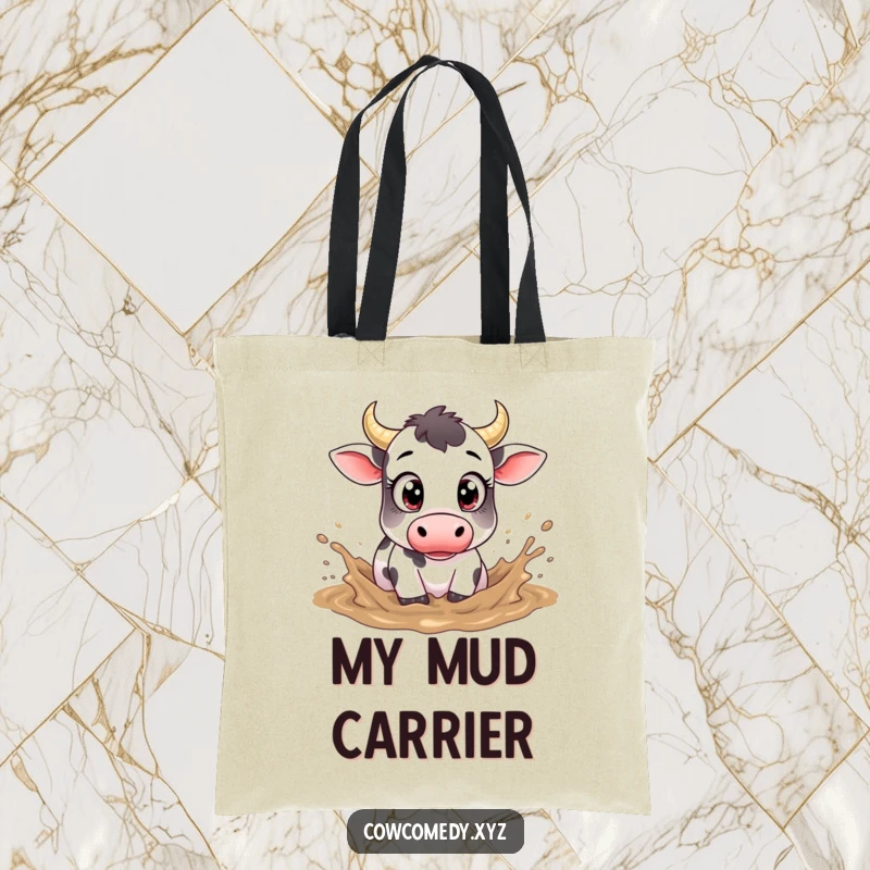 Funny tote bag with a cow featuring large eyes, playfully splashing in mud.