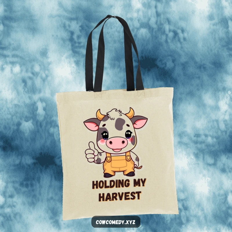 Funny tote bag with a cow wearing overalls and giving a thumbs up, ready for farm tasks and errands.