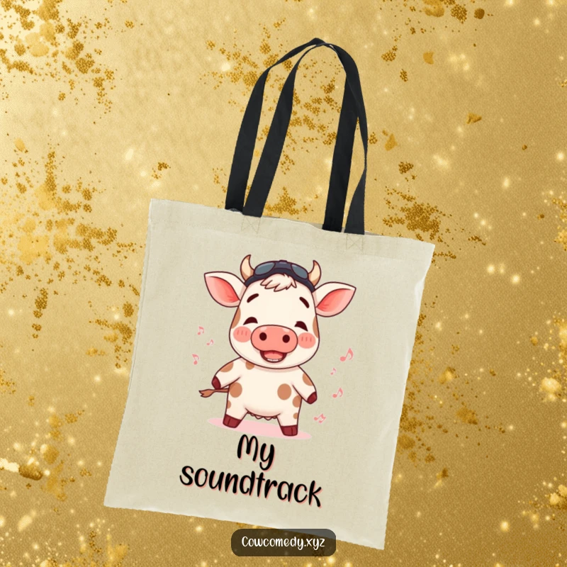 Funny tote bag with a rosy-cheeked cow bopping to an unheard rhythm, perfect for music lovers.