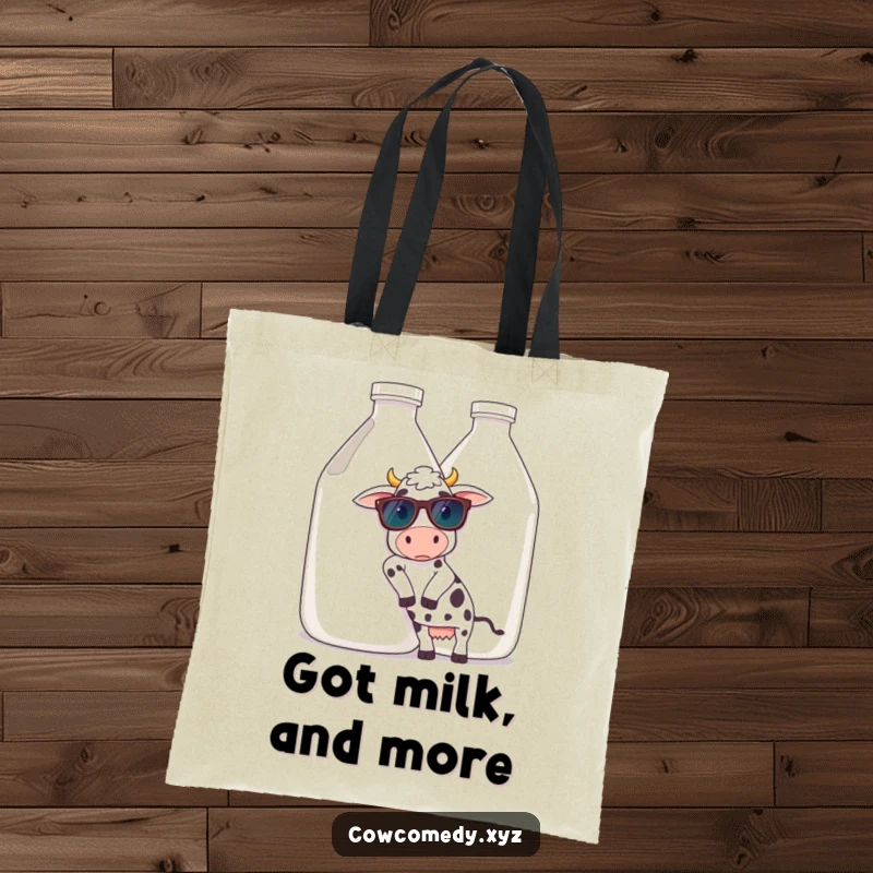 Funny tote bag showcasing a cow wearing sunglasses, relaxing against a large milk jug, demonstrating ultimate coolness and a laid-back, stylish demeanor.