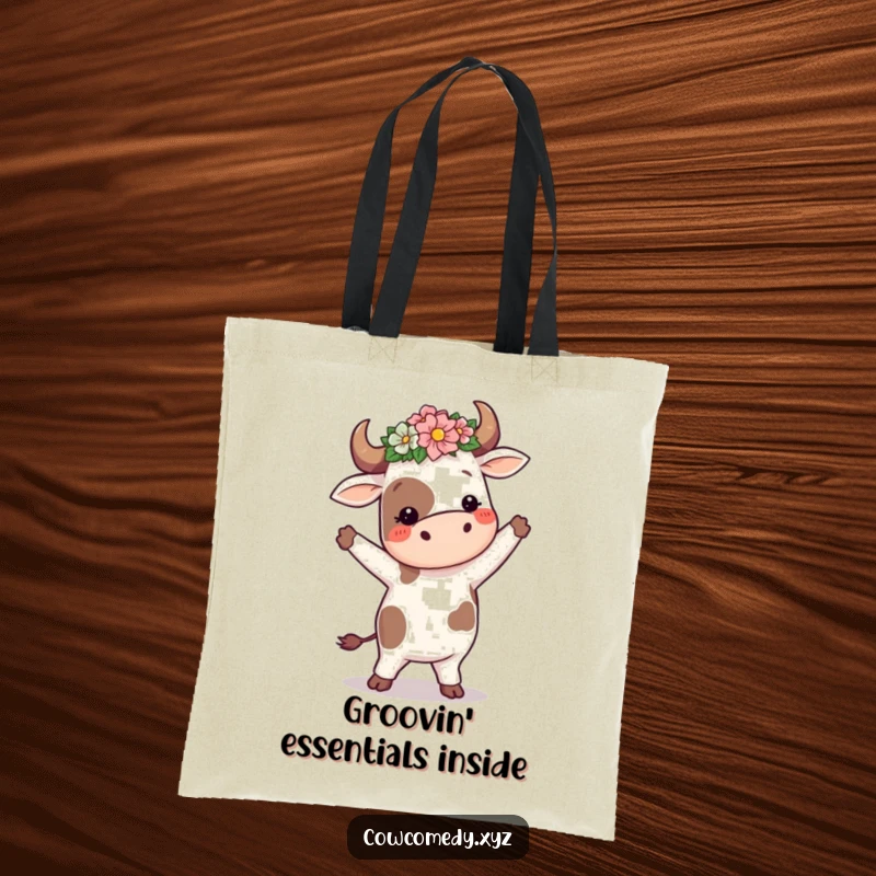 Funny cow with a flower crown, doing a silly dance, on a durable tote bag, for carrying essentials with flair.
